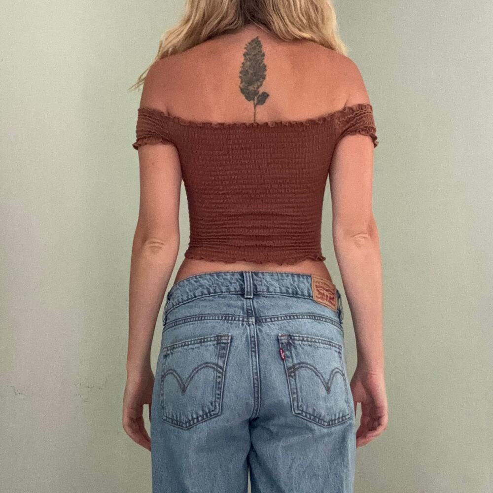 Rue 21 Brown Off The Shoulder Ruched Crop Top Bardot Earth Tone Boho Size XS - Picture 2 of 3
